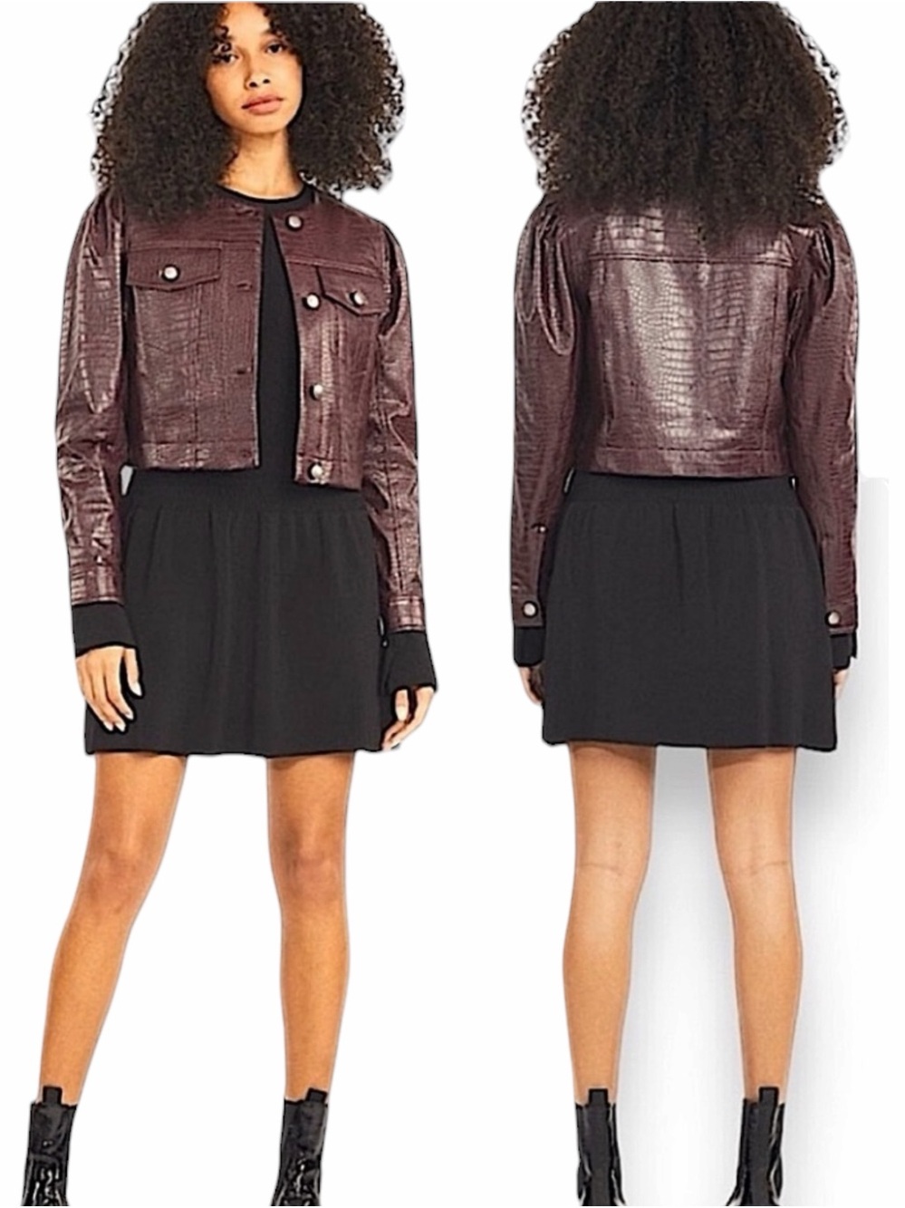 Tanya Taylor Dakota Croc Faux Leather Cropped Jacket Cabernet M F22J156343 NWT